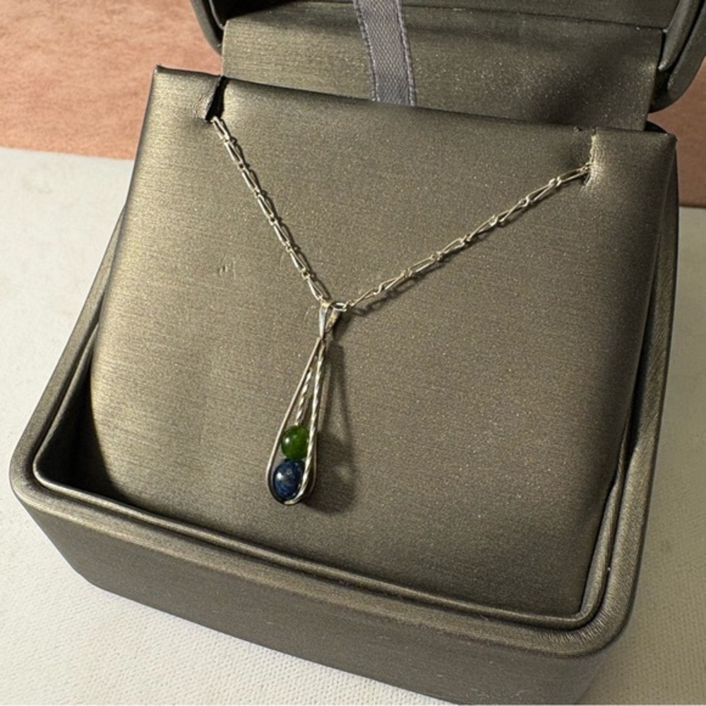 Sterling Silver Cage Necklace with Lapis & Jade Stones